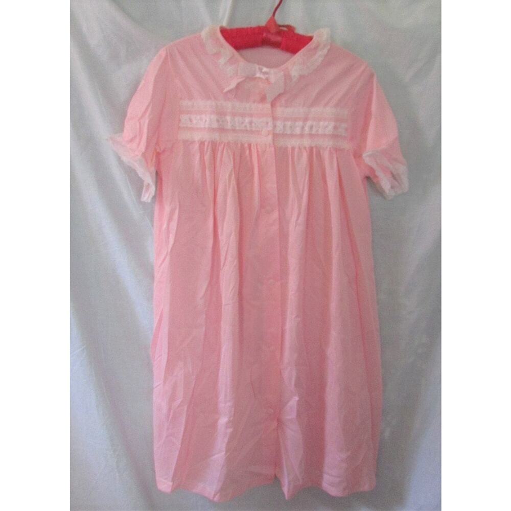 Sears Pink Nylon Gown Lace Trimmed Collar Sleeves Tagged Size M Bust 36 Vintage